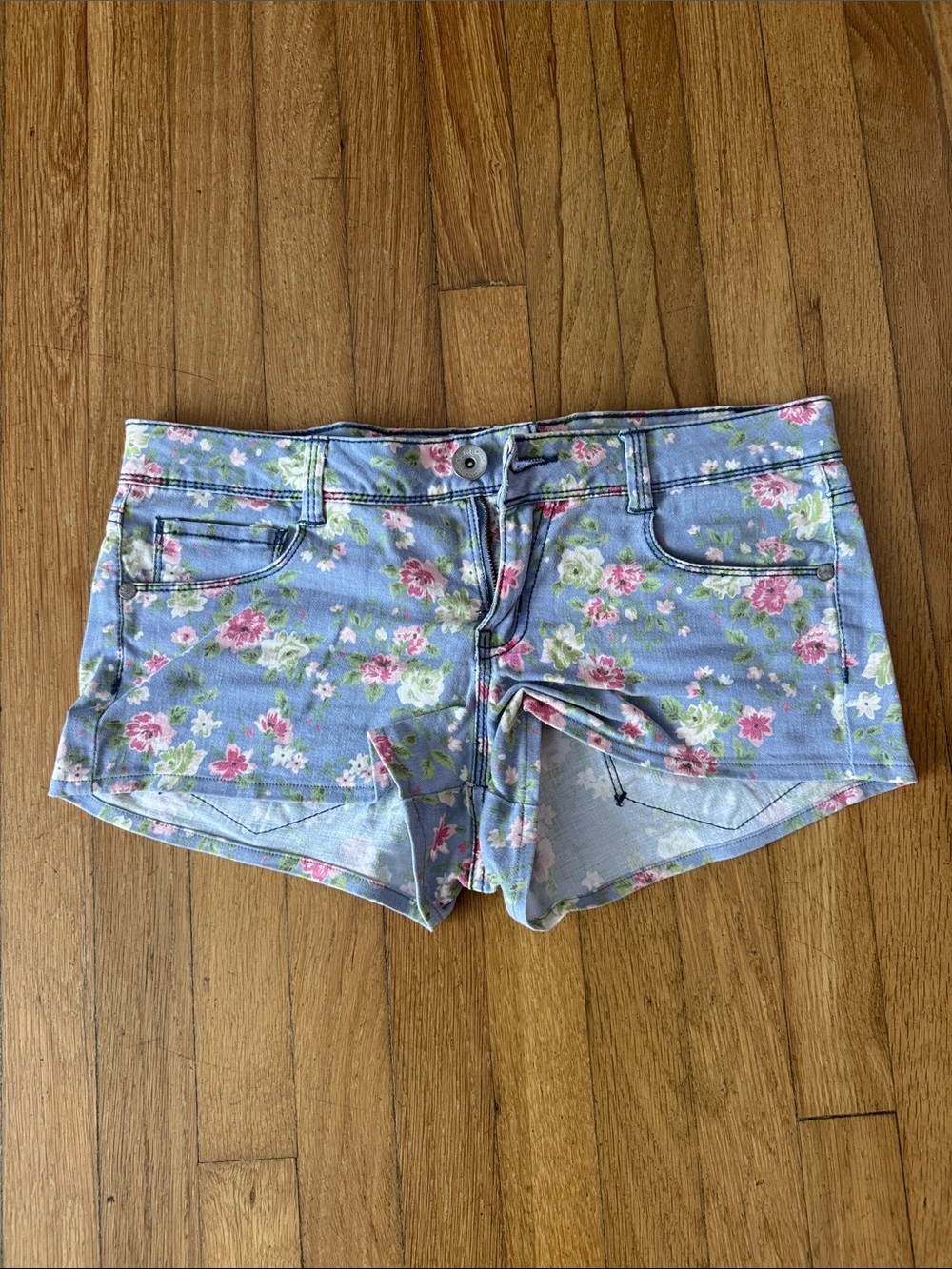 Floral Print Light Blue Denim Shorts - Women's